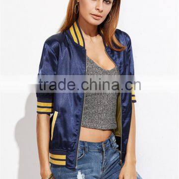 Women Custom Back Embroideried Zip Up Coat Striped Half Sleeve Satin Bomber Jacket Navy Blue photo-6