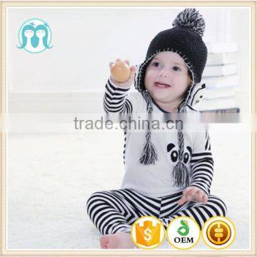 Factory Price Kids Black Knitted Hats With Ear Flaps, Baby Hats With Cute Animal Applique