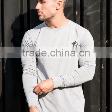 Men's Long Sleeve Gym Fitted T Shirt Cotton Elastane Long Drop Curved Hem T-Shirt Round Bottom T Shirt