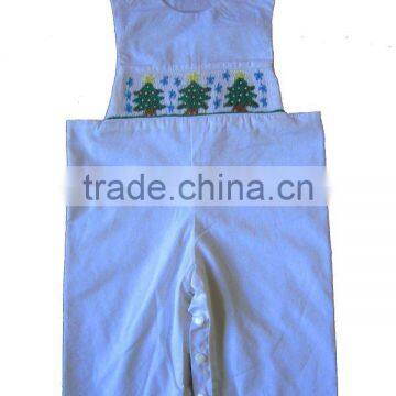 White Overalls With Smocked Christmas Tree