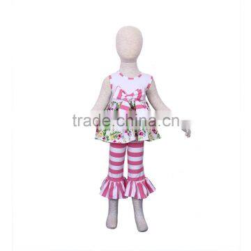 2015 baby girls dress suit sleeveless and big bowknot flower dress and wide stripe ruffles pants girls clothing set YW-012