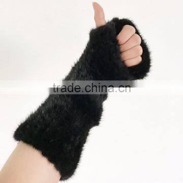 SJ931 Women Hand Knit Mink Gloves Black and Brown 30CM Hand Mitten