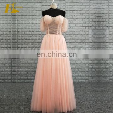 Sexy Off Shoulder Design See Through Bodice Peach Tulle Long Cocktail Dresses