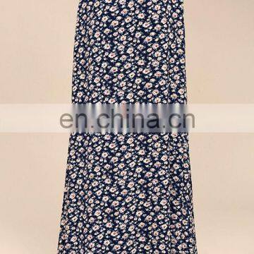 Navy Blue Floral Print Long Maxi Skirt 2017 photo-5