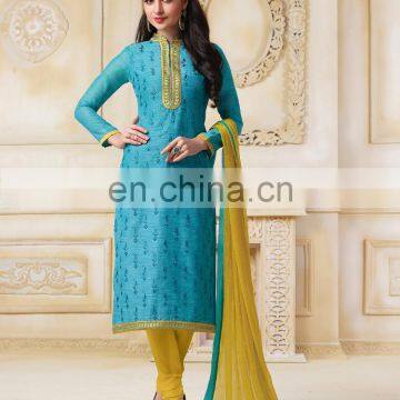 blue colored banarasi chanderi suit.