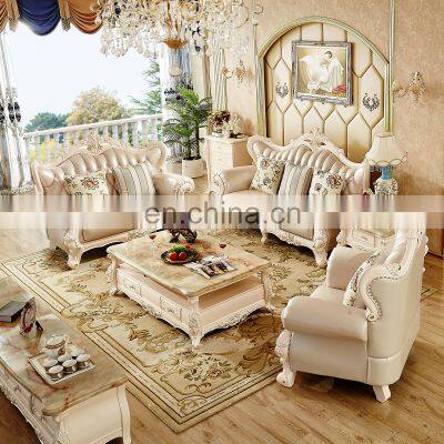 Antique European Living Room Furniture Leather Sofa Set Wooden Cama