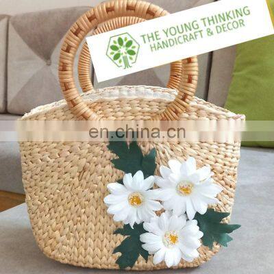 2023 Trendy Water hyacinth Handbag With Flower, Vintage Style Woven Tote Bag with Rustic Design Wholesale Vietnam Manufacturer