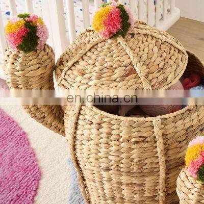 Rustic Water Hyacinth Pompom Cactus Hamper Home Decoration Kid Toy Storage Basket Orgnazer Iron Frame Best Price Wholesale photo-4