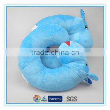 Custom blue stuffed plush hippo travel neck cushion