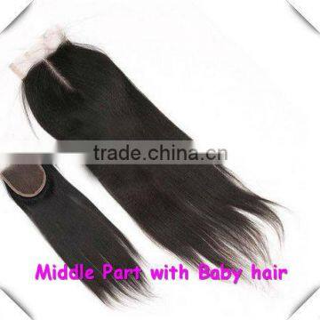 2013 New Arriviing, 12-28inches Silky Straight, Baby Hair Bleached Knots, Middle Parting, Brazilian hair lace closure