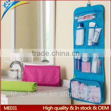 Trip portable folding canvas cosmetic bag into pouch with trqansparent mesh inside Hanging in washroom hotel