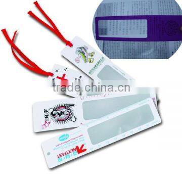 reading magnifier bookmark, plastic pvc card magnifier bookmark with ribbon