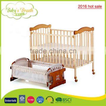 WBC-09B 2016 hot sale pine wooden baby cot bed protection with anti-skid casters