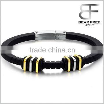 Bear Free Jewelry Black Genuine Silicone Rubber Wristband bangle Bracelet with Stainless Steel Clasp