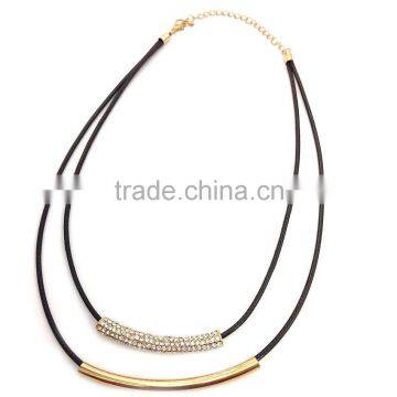 Fashion two strands of synthetic leather two gold plated tube design necklace
