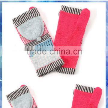 pink fairisle knitting women fingerless gloves with cover and one finger