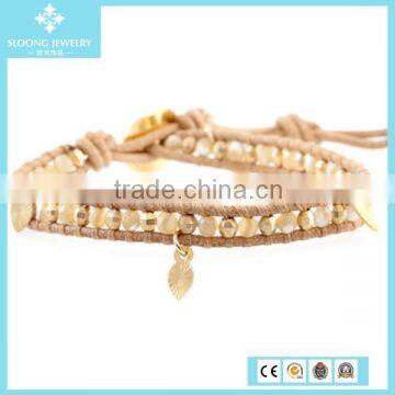 Natural Mother of Pearl Mix Bead Bracelet with Leaf Charm on Beige Leather