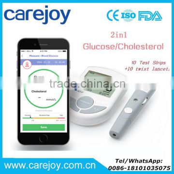 Bluetooth 4.0 Glucose / Cholesterol 2in1 Meter monitor with APP for IOS Android 10 Glucose Test Strips+10 twist lancets