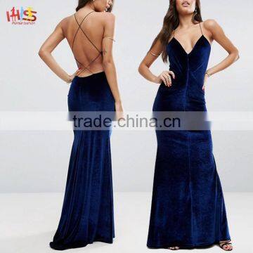 Designer One Piece Party Velvet Strappy Paneled Maxi Dress With Fishtail HSD7902