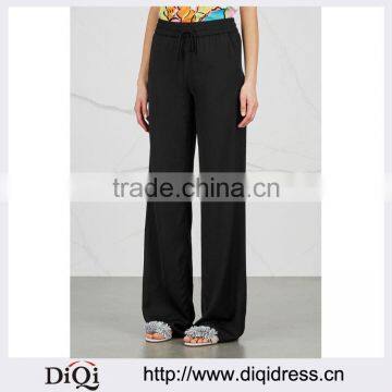 Wholesale Women Apparel Elasticated Drawstrint Waist Black Satin Trousers(DQE0354P)