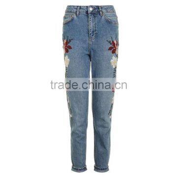 New Arrival Most Popular Spandex Washed Moto Floral Embroidered Straight Leg Jeans for Women photo-3