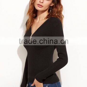 Black V Neck Zipper Ribbed Sweater Cotton Polyester Long Sleeve Pullovers Tight Sweater photo-2