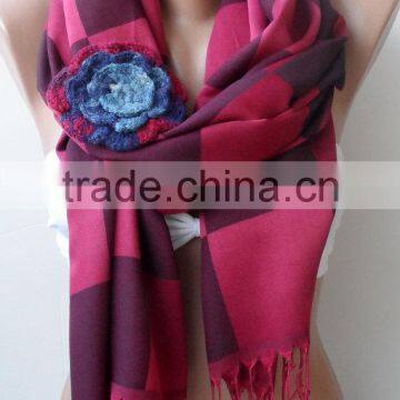 Burgundy Shawls With Rose, Plaid Pattern Scarf, Crochet Rose, Fashion Scarf, Plaid Pattern Scarf, Elegant, Bridesmaid Shawls, We photo-2