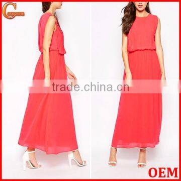 100% Polyester Pleated Details Maxi Dress Lady Chiffon Maxi Dresses