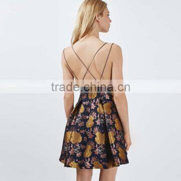 Vintage Royal Jacquard Printed Cross Back Plunge Sleeveless Short Prom Dress photo-3