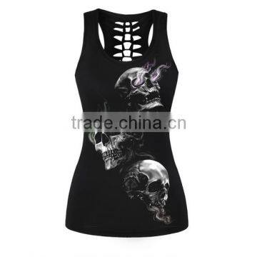 2017 Hot Selling Cheap Women Black Tank Top With Rose Skull Printed photo-3