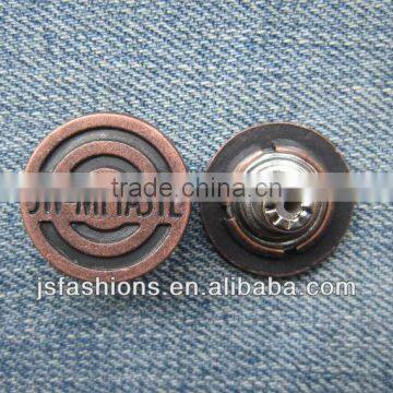 Letter printed rust color alloy jeans button, fashion alloy shank button for denim clothes