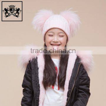 China Wholesale Without Visor Beanie Cap Cute Baby Crochet Hats And Caps With Two Real Raccoon Fur Balls Top Color Matching Hat