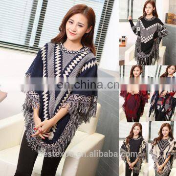 wholesale fashion knitted poncho pullover with fringe new designs women half sleeve sweater