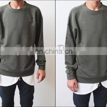 AW2017 Mens Essential Destroyed Skate Clothing Army Green Distressed Drop Shoulder Pullovers/ Distressed Seam Details