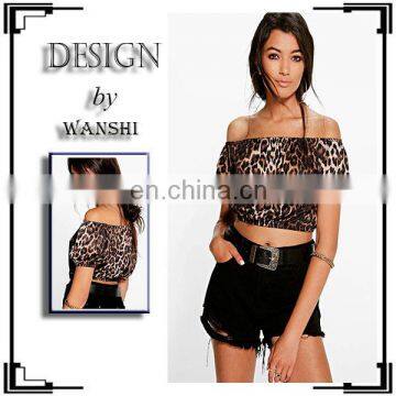 High quality women clothing Leopard Print Off The Shoulder plain crop tops wholesale