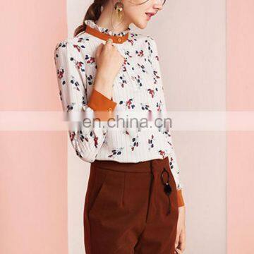 Fashion Floral Print Pullover Shirts Frill Hem Collar Cuff Contrast Color Women Blouses photo-2
