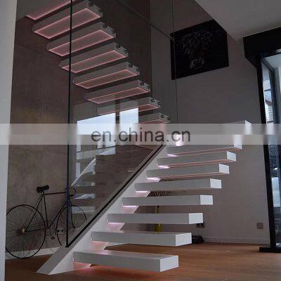 White Finish Wood Step Led Stairs With Tempered Glass Balustrade photo-5