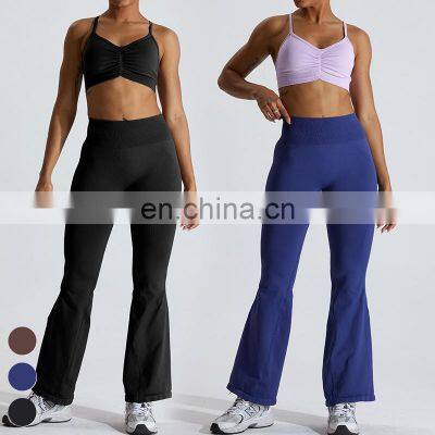 Customized Logo Wide Leg Seamless Outdoor Sports Pant Scrunch Butt High Waist Fitness Pants Women Seamless Flare Yoga Leggings photo-5