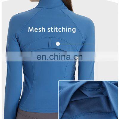 Wholesale Thumb Hole Mesh Stitching Slim Fit Yoga Jacket Women Long Sleeve Full-Zip Gym Fitness Wear Stand-up Collar Clothing photo-4