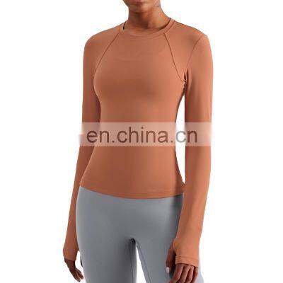 Nude Feeling Long Sleeves Fitness Gym Yoga T-shirt Women Workout Running Sports Top Slim Fit Thumb Hole Pullover Shirt