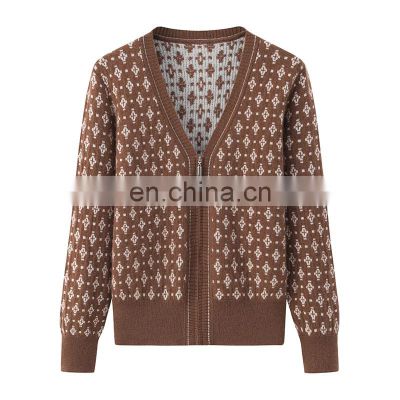 Wholesale Women's Full Zip Cardigan Jacquard Knitted Cashmere V-Neck Sweater Zipper Sweater