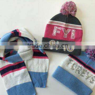 winter sequin embroidery knitted beanie hat scarf set