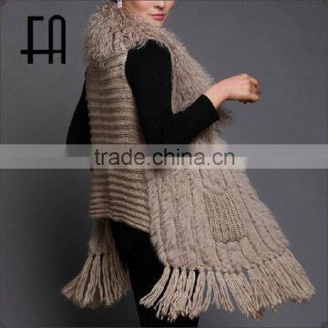 Factory direct wholesale price rabbit knitted fur vest with tibet sheep fur collar wool knit