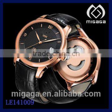 High quality natural leather strap automatic watch for men rosy gold plating