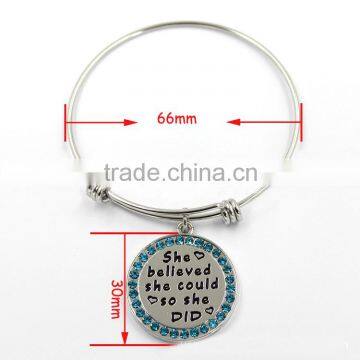 Extendible Wire Bracelet With Pave Circle Inspirational Engraved Disc photo-4