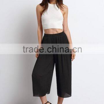 clothing factory price pleated transparent wide leg three quarter pants for ladies