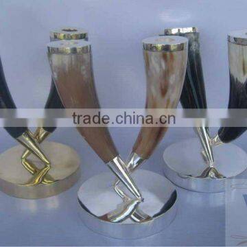 Set of 3 buffalo horn candle holder with silver plated/brass base. Size 20CM H