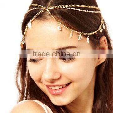 2016 New Beach Multi Layer Leaf Tassels Metal Gold Plated Head Chain Hair Jewelry