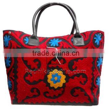 RTHHB-31 Uzbekistan Suzani Embroidered Special Gift For Loved Ones Leather Tote Handbags / Hand bags India Manufacturers