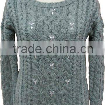 mohair like acrylic,chunky,soft hand feeling,allover cable with beading,ladies' pullover